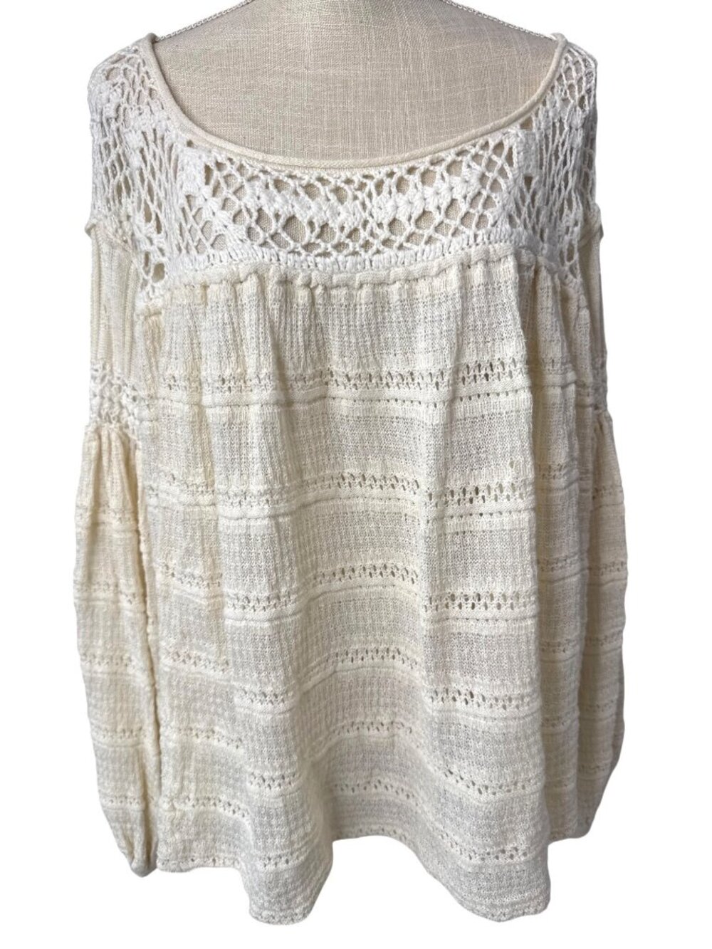 Free People Ivory Crochet Knit Boho Oversized Sweater Top Lightweight Openwork L